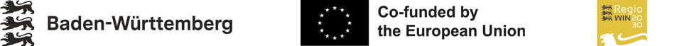 Triple band logos: State of Baden-Württemberg, EU with addition: Co-financed by the European Union and RegioWIN 2030