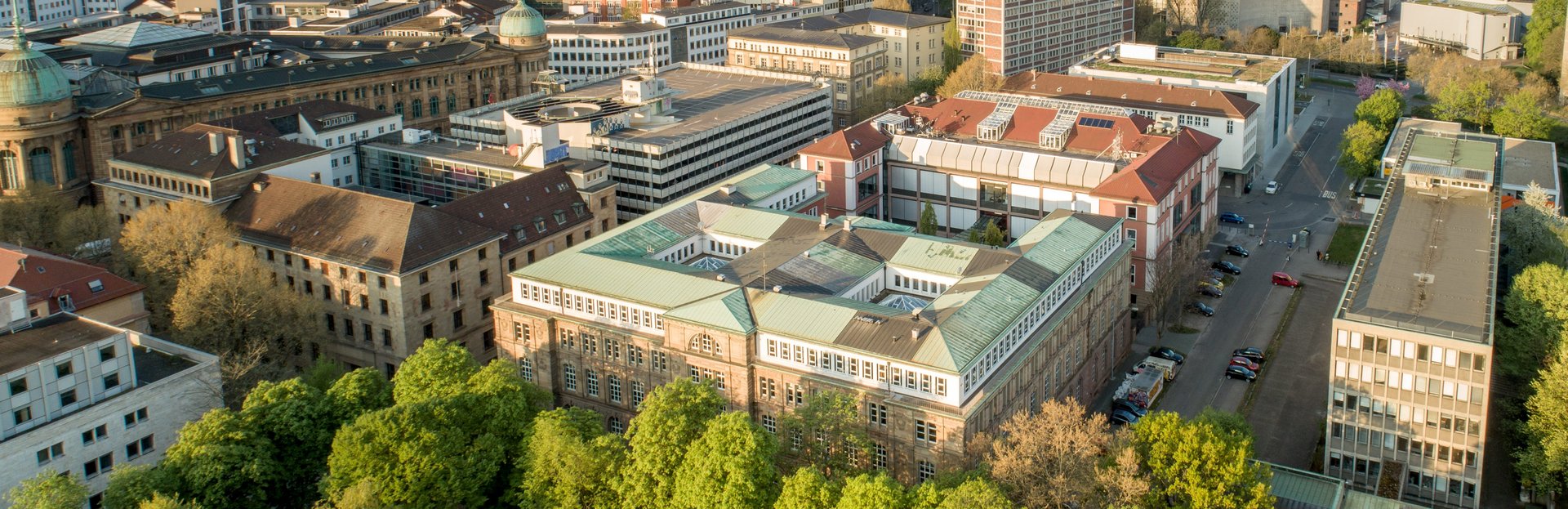 Aerial view from the City Garden overlooking the campus buildings of HFT Stuttgart.