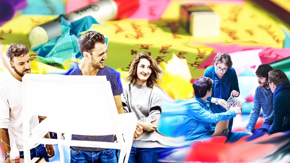 Collage mit Studierenden, die an einem Stuhl arbeiten und mit einer Professorin im Gespräch sind