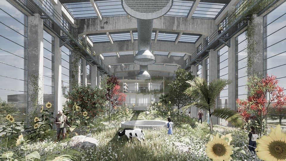 Rendering eines überdachten Innenraumes mit Garten der Master Thesis Manifest 2022