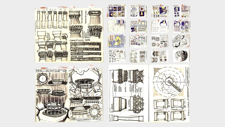 Seite aus dem Skizzenbuch mit Szenografieentwurf