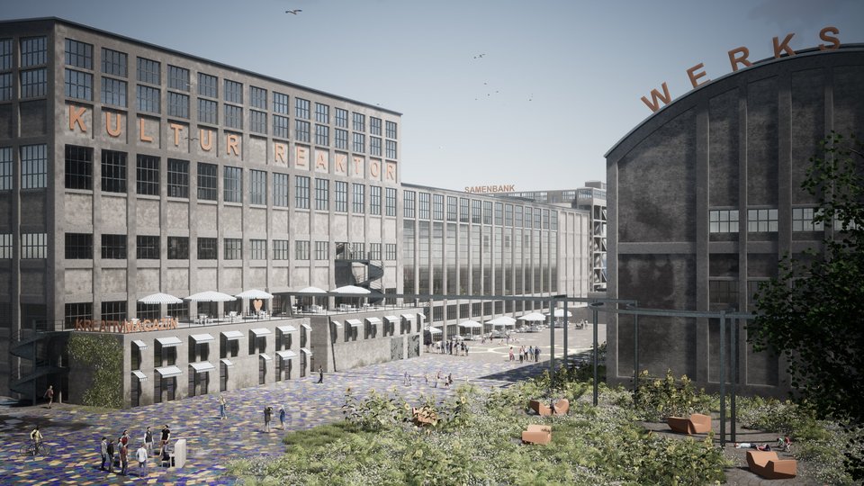 Rendering Aussenansicht eines Gebäudekomplexes der Master Thesis Manifest 2022