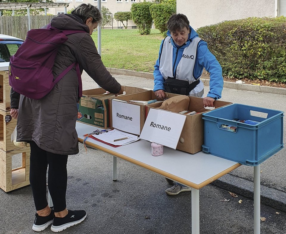 Woman looks for books at stand