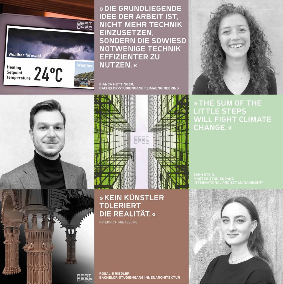 Portraits von Studierenden diverser Studiengänge, deren Arbeit und jeweils ein Zitat