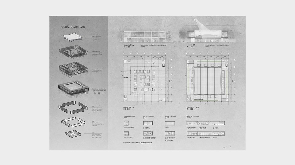 Gebäudeaufbau, Grundrisse, Schnitte und Ansichten der Studienarbeit Stuttgart Markthalle – Floating Garden