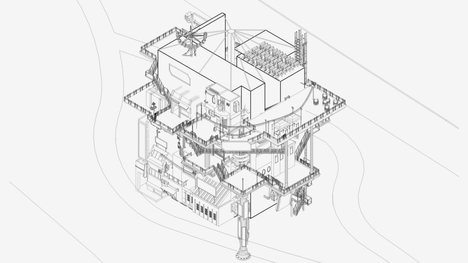 Zeichnung des Gebäudeaufbaus der Studienarbeit Radical Housing