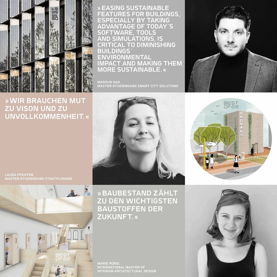 Portraits von Studierenden diverser Studiengänge, deren Arbeit und jeweils ein Zitat