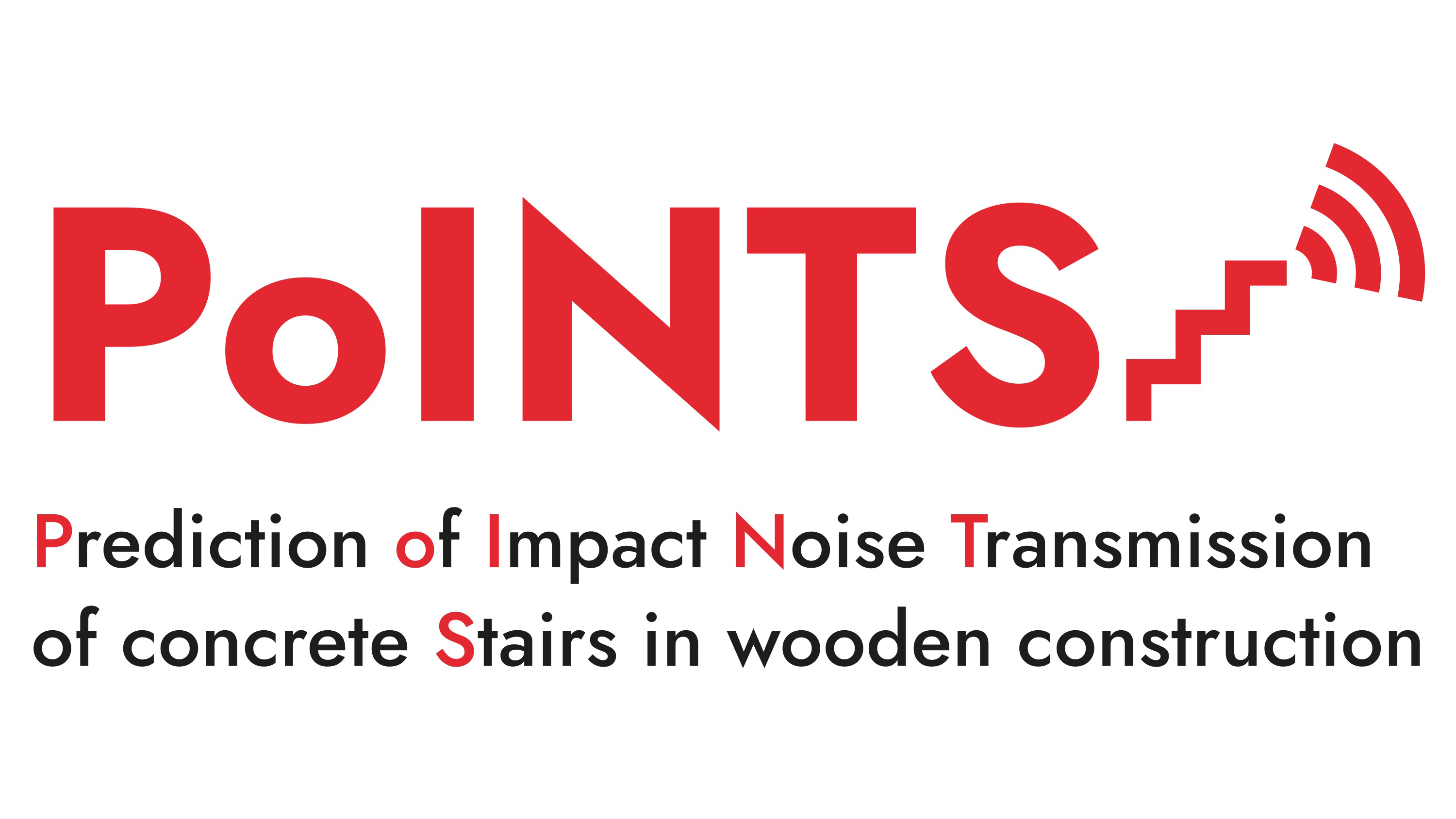 Logo PoINTS - Prediction of Impact Noise Transmission of concrete Stairs in wooden construction (rote Schrift auf weiß)