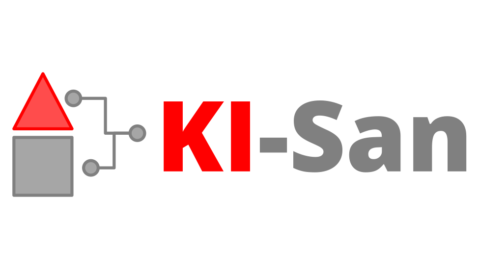 Projekt Logo mit Schrift KI-San in rot und grau auf weißem Hintergrund. Links befinden sich drei Elemente: rotes Dreieck, darunter ein graues Quadrat und rechts davon ein Symbol, das die Elemente mit der Schrift KI-San verknüpfen.