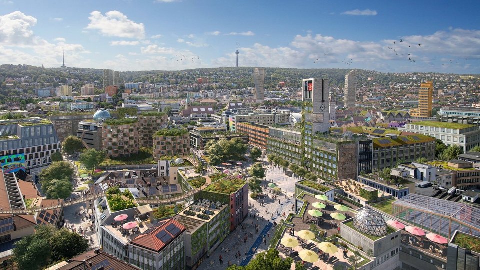 Visualized future vision of the project RE:New City. This graphic was created on the initiative of the HFT Stuttgart in cooperation with Reinventing Society and the city of Stuttgart.