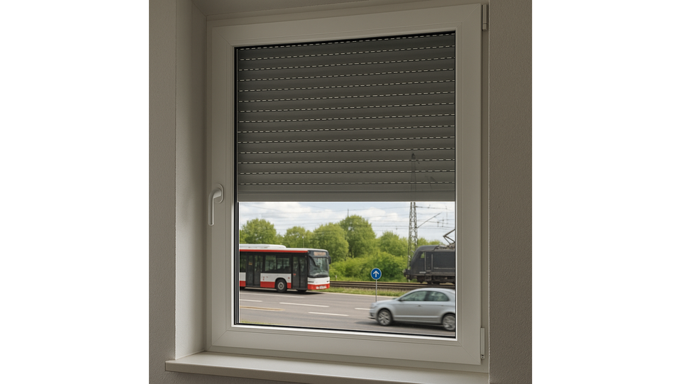 Fenster mit halb heruntergelassenem Rollladen. Auto, Bus und Zug im Außenbereich.