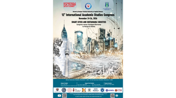 Portrait-format congress poster featuring a futuristic city collage and the logos of HFT Stuttgart, the Academician Studies Group and Sakarya University of Applied Sciences. HFT Stuttgart is hosting the 12th International Academic Studies Congress from 24 to 26 November 2026 under the theme “Smart Cities and Sustainable Societies”. The congress will take place in Stuttgart and online. The abstract submission deadline is 1 November 2026, and the full-text submission deadline is 7 December 2026. The Congress President is Prof. Dr. Birol FITIK of HFT Stuttgart. The Congress Vice Presidents are Asst. Prof. Dr. Tuğçe METİN of Kahramanmaraş Sütçü İmam University and Asst. Prof. Dr. İsmail KOÇ of Sakarya Applied Science University. The Congress Secretary is Asst. Prof. Dr. Üstün YÜKSEL. Abstracts will be published in an abstract booklet, and the full-text book will be submitted to Web of Science. Publication opportunities are available in SCOPUS, TRDizin and international journals. The poster also displays partner logos, including those of Universidad de Córdoba, the University of Faisalabad, Kent Akademisi, AXIS WORLD, ATMIA and UTM, as well as two QR codes. Papers can be submitted at https://asc.academicianstudies.com/.