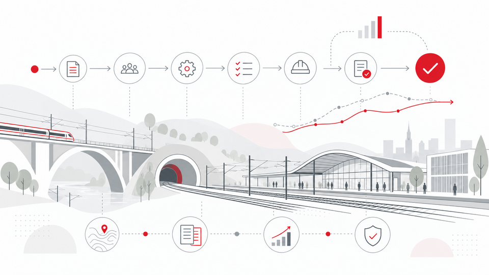 Minimalist illustration of a modern railway infrastructure featuring a bridge, tunnel, tracks, and a station. Above it runs a schematic process chain with symbols representing documentation, stakeholders, planning, review, construction, and approval. Diagrams and connecting lines illustrate the analysis, comparison, and optimization of planning, construction, and approval processes. The depiction is rendered in shades of grey and white, complemented by red accents.