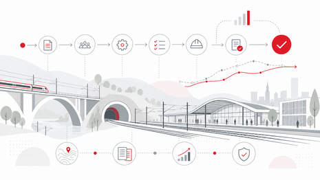 Minimalist illustration of a modern railway infrastructure featuring a bridge, tunnel, tracks, and a station. Above it runs a schematic process chain with symbols representing documentation, stakeholders, planning, review, construction, and approval. Diagrams and connecting lines illustrate the analysis, comparison, and optimization of planning, construction, and approval processes. The depiction is rendered in shades of grey and white, complemented by red accents.