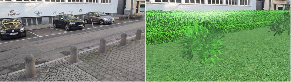 Darstellung von AR-Szenario (vorher-nachher) durch Grünpflanzen, die Autos und Strasse verdecken/Representation of AR scenario (before/after) by green plants hiding cars and road