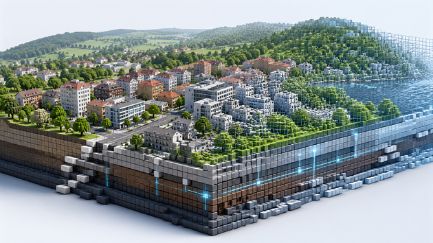 AI-generated 3D visualization of an urban landscape as a voxel model, with buildings, trees, terrain, and subsurface layers composed of cube-shaped cells.