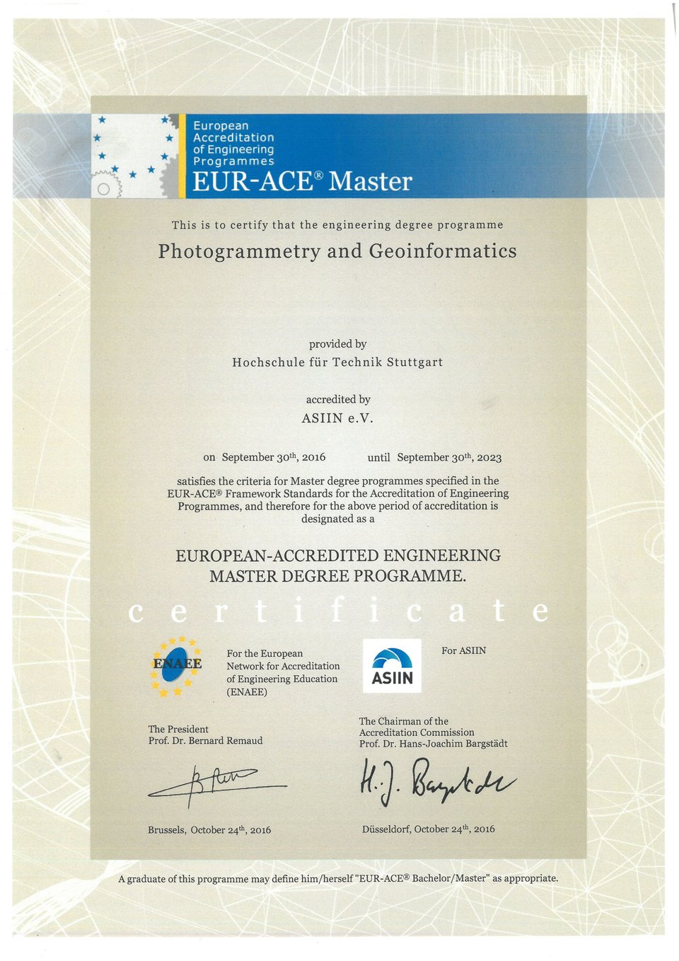 Akkreditierungsurkunde EURACE Master Photogrammetry and Geoinformatics
