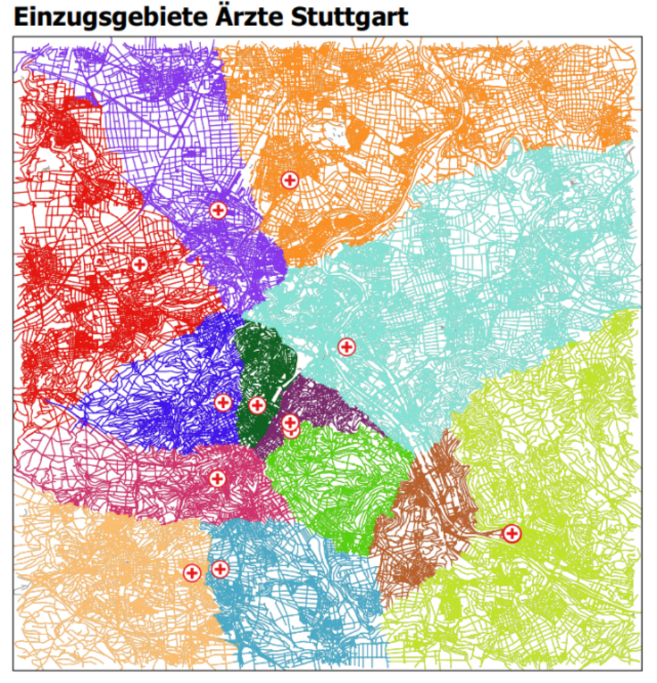 Darstellung der Ärzte-Einzugsbereiche von Stuttgart in einem GIS